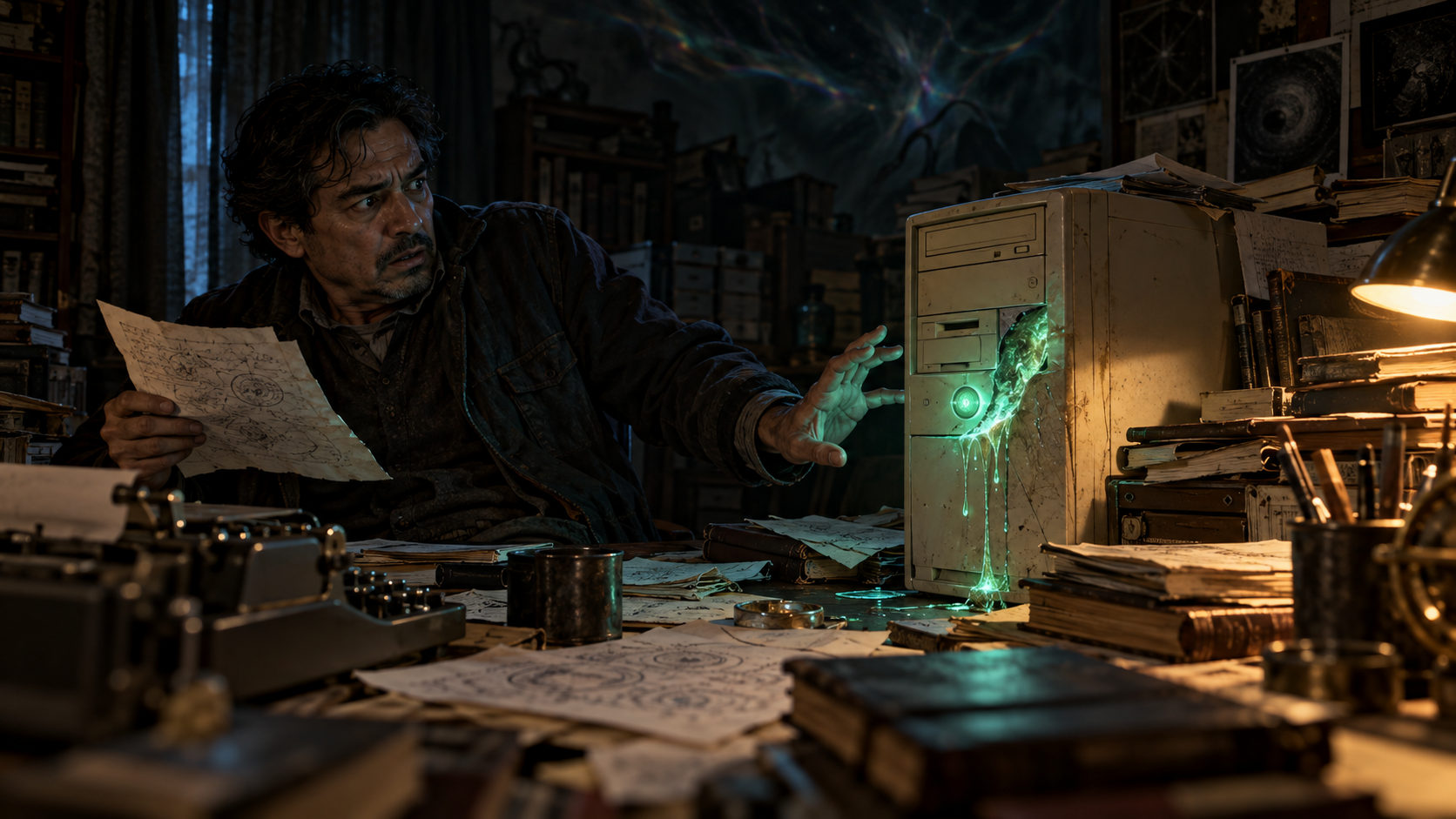 Un hombre sostiene papeles con diagramas y extiende la mano hacia una vieja computadora de la que brota un líquido verde fosforescente, en un estudio atiborrado de libros y con una máquina de escribir.