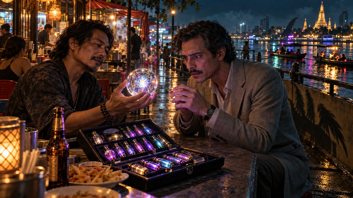 Un hombre de cabello largo sostiene una esfera luminosa ante otro hombre de bigote y saco claro, en la mesa de un puesto nocturno junto a un río, con un maletín lleno de cápsulas brillantes, cerveza y papas fritas.
