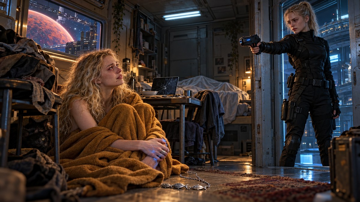 Una mujer rubia envuelta en una manta ocre, sentada en el suelo de una habitación desordenada de una estación espacial, mira a otra mujer con traje negro de policía galáctica que le apunta con una pistola de plasma; por la ventana se ve un planeta rojo.