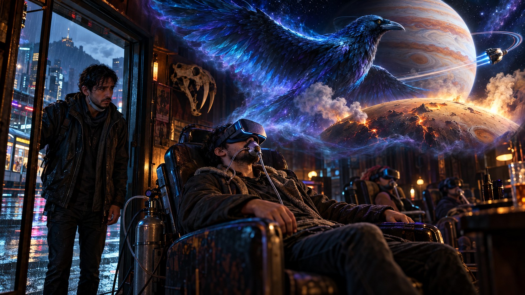 Un hombre empapado por la lluvia observa a su amigo recostado en un sillón de un bar, conectado a un visor de realidad virtual y a un tanque de gas; sobre ellos se proyecta su alucinación: un enorme cuervo azul que vuela junto a Júpiter y una nave espacial.