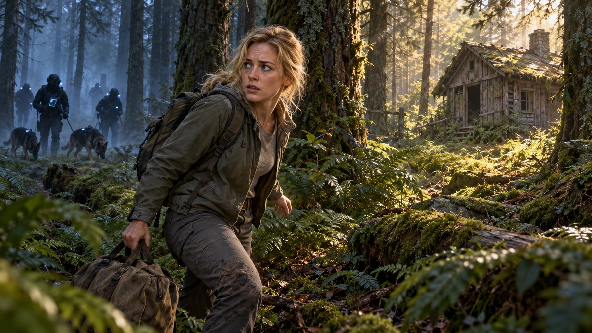 A frightened blonde woman with a backpack and a duffel bag runs through a mossy forest toward an abandoned cabin, while armed agents with tracking dogs and glowing devices advance through the mist behind her.