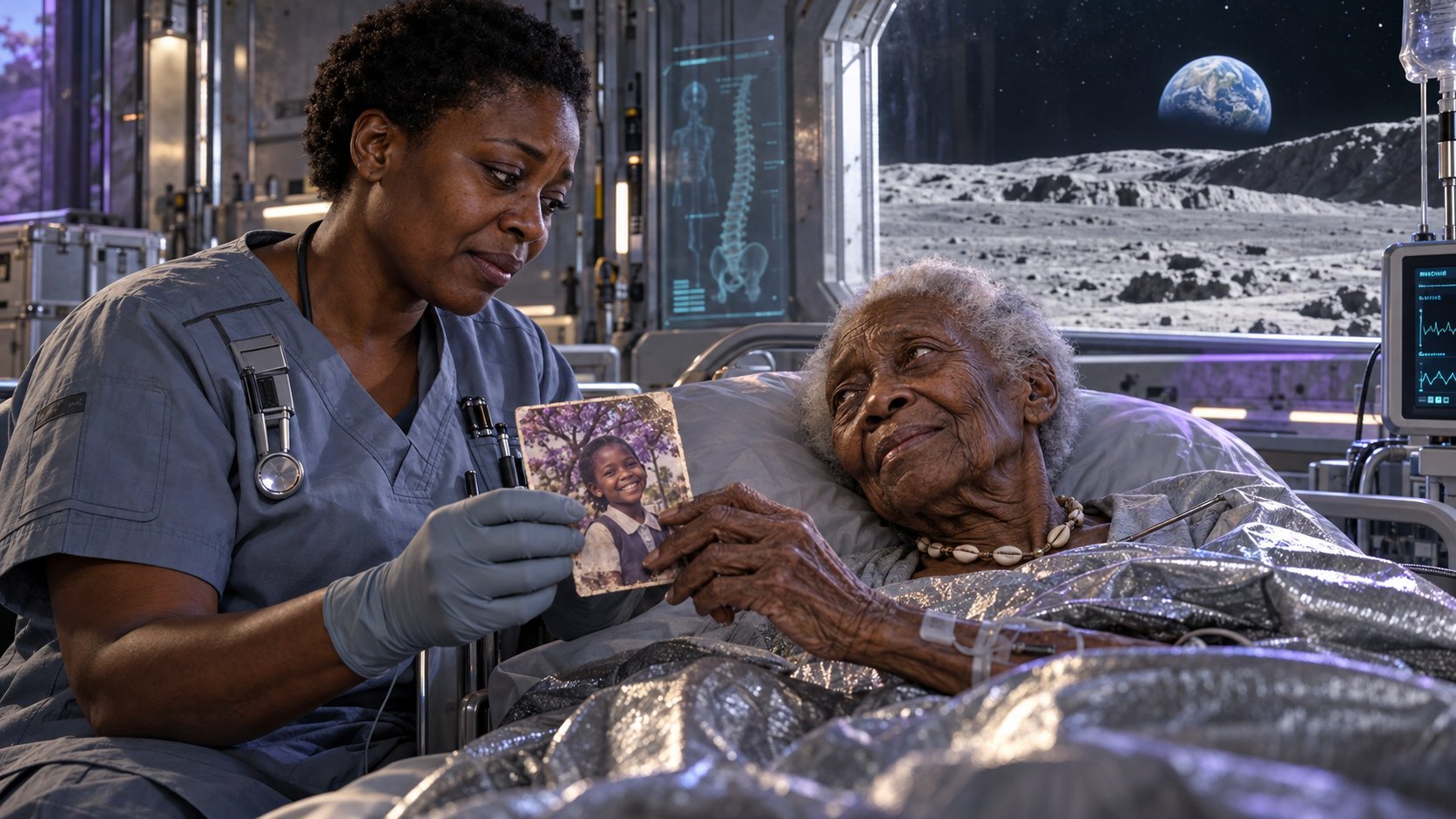In a lunar medical bay, a nurse in scrubs shows an old photograph of a smiling schoolgirl under jacaranda trees to an elderly woman lying in a hospital bed; through the window, Earth rises over the grey surface of the Moon.