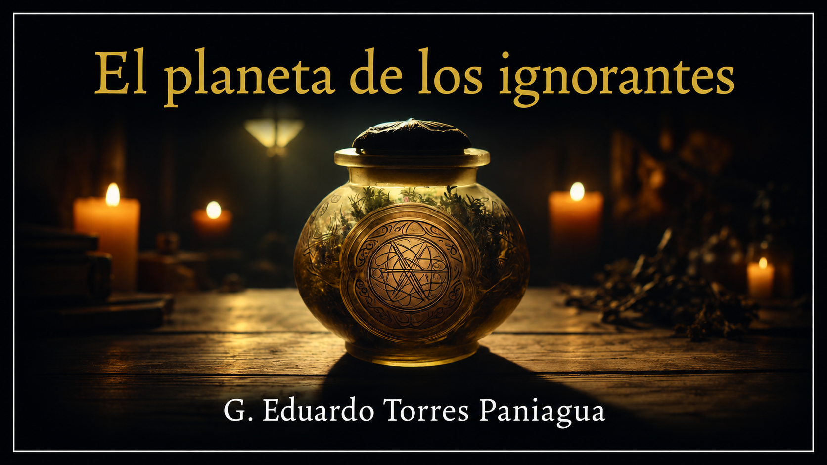 Frasco de vidrio con hierbas y un símbolo grabado sobre una mesa de madera entre velas, con el título «El planeta de los ignorantes» y el nombre de G. Eduardo Torres Paniagua.